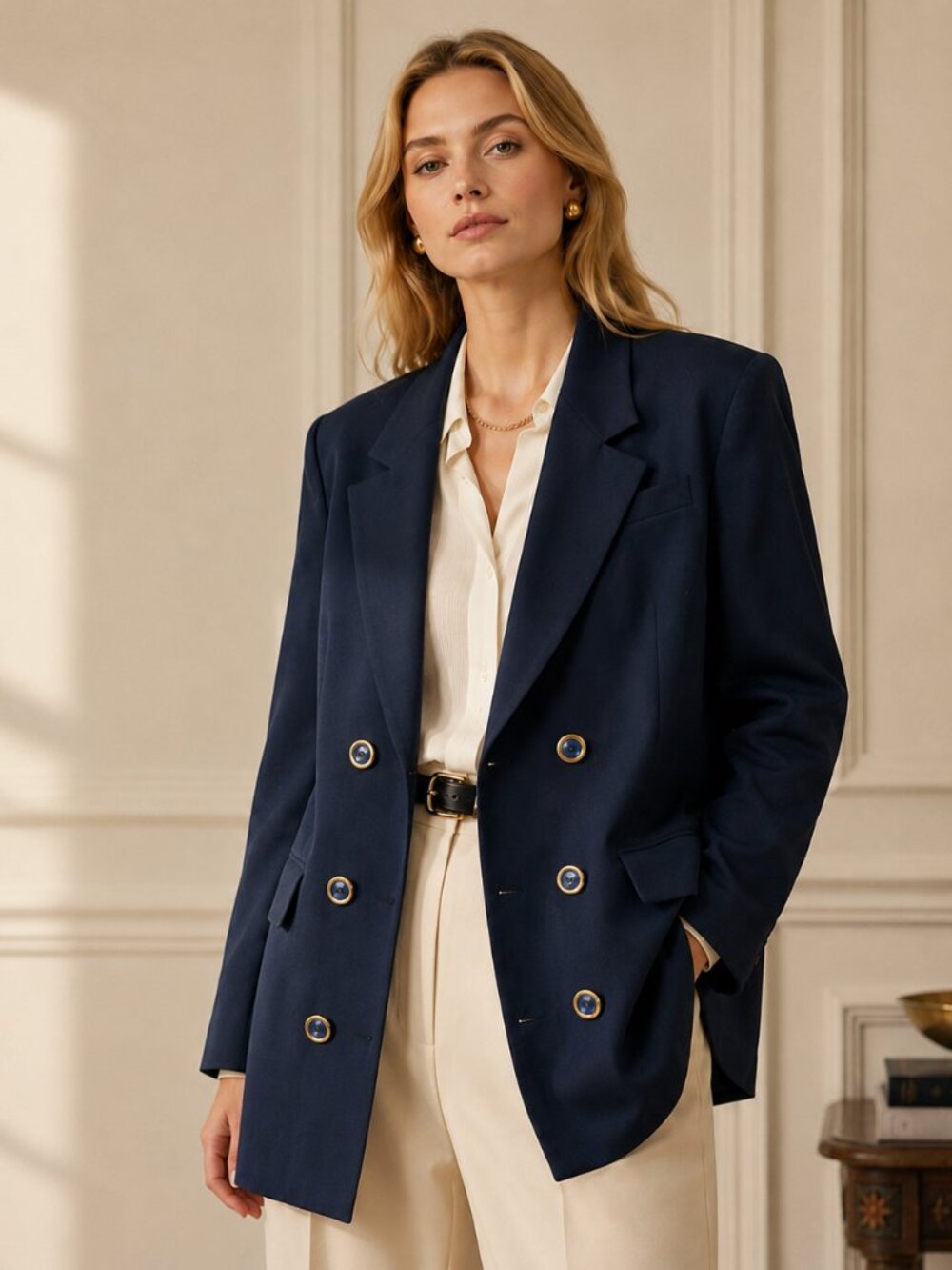 Vintage 1990s Max Mara Navy Wool Double Breasted Blazer Jacket Size 10 Italy